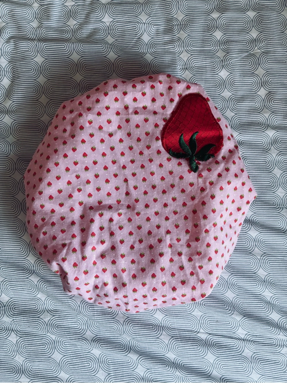 Pink Strawberry-Print Hat with Red Strawberry Applique
